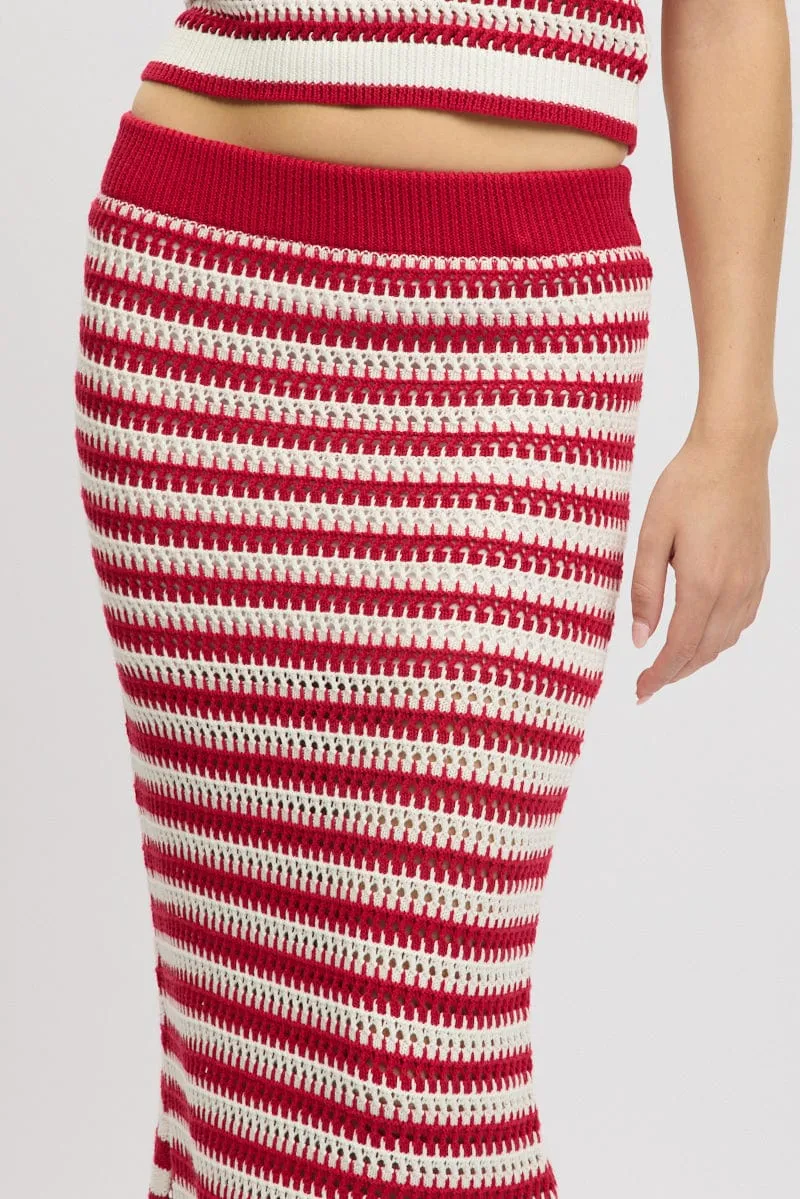 Red Stripe Crochet Knit Skirt Elastic Waist Midi Lined