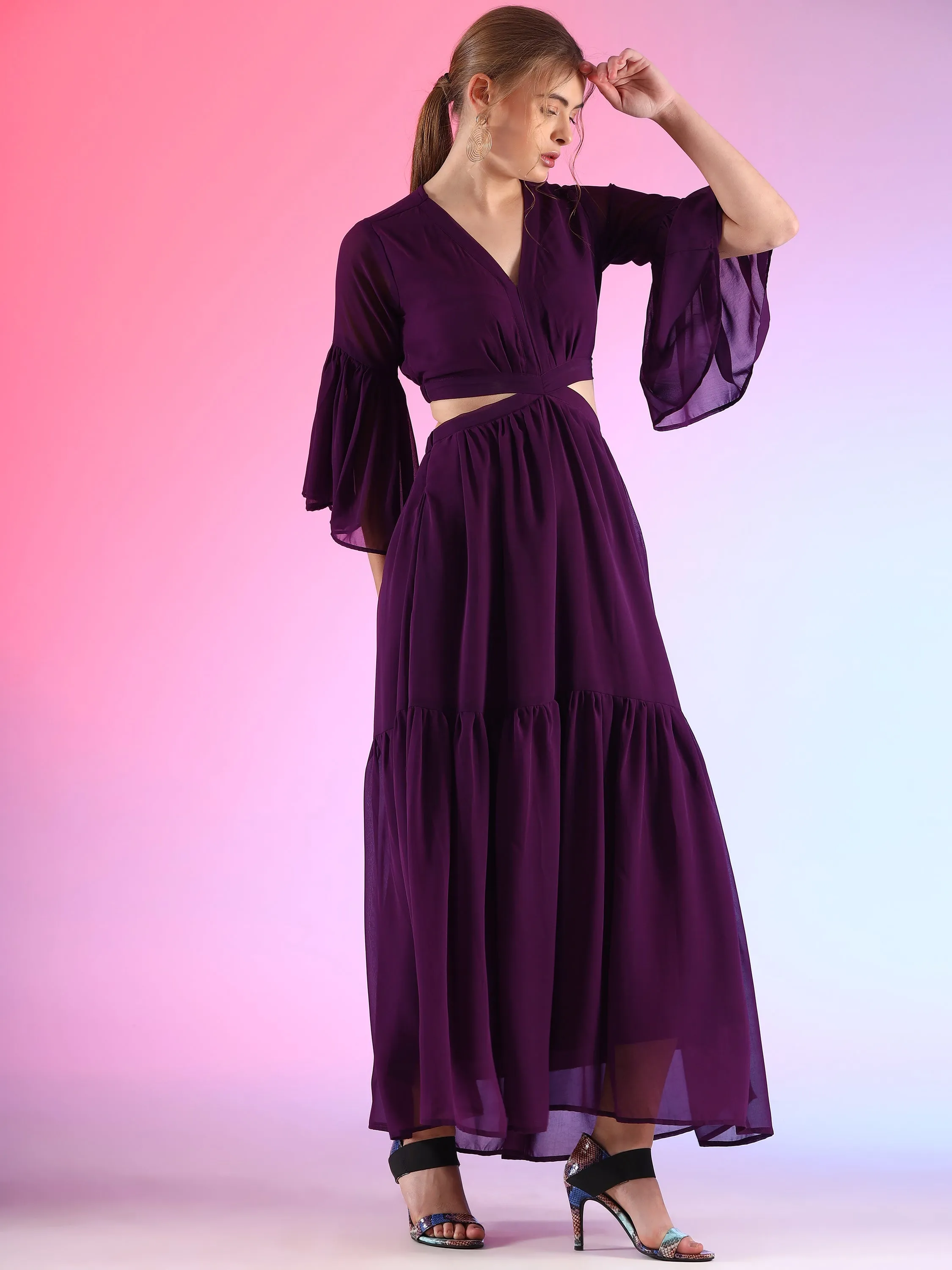 Regal Grape V-Neck Flared Georgette Dress