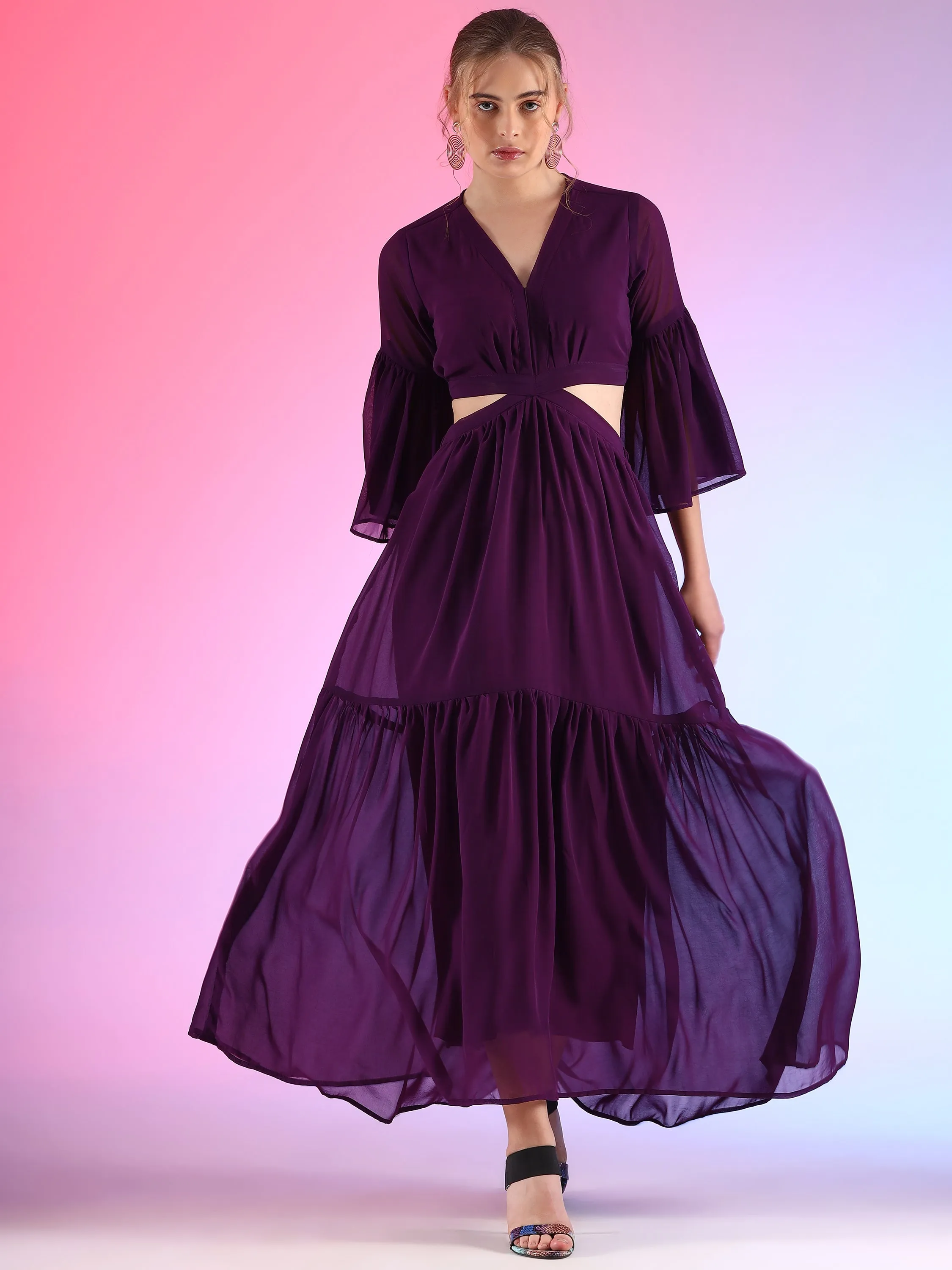 Regal Grape V-Neck Flared Georgette Dress