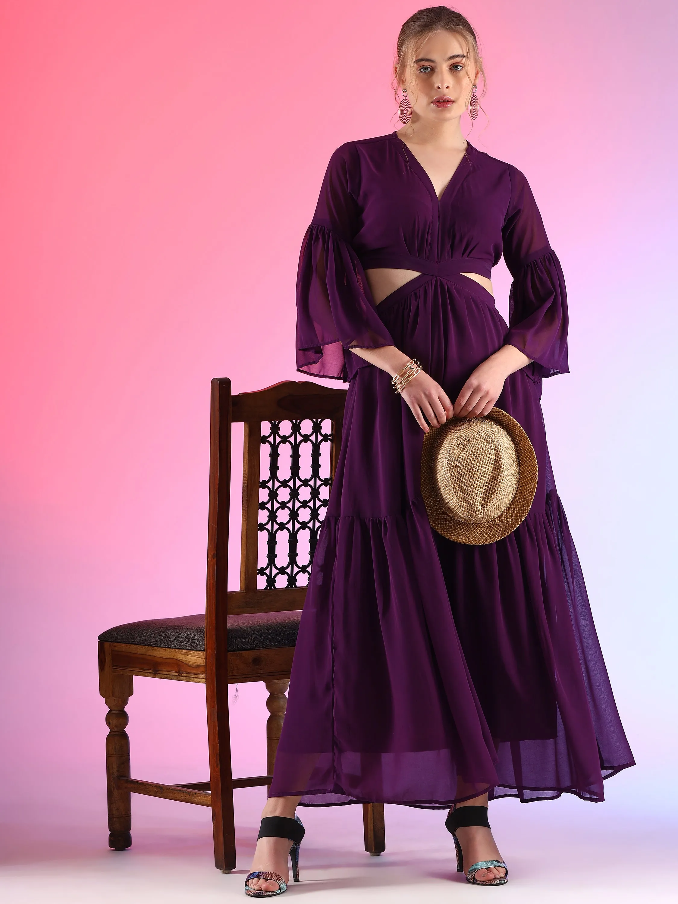 Regal Grape V-Neck Flared Georgette Dress