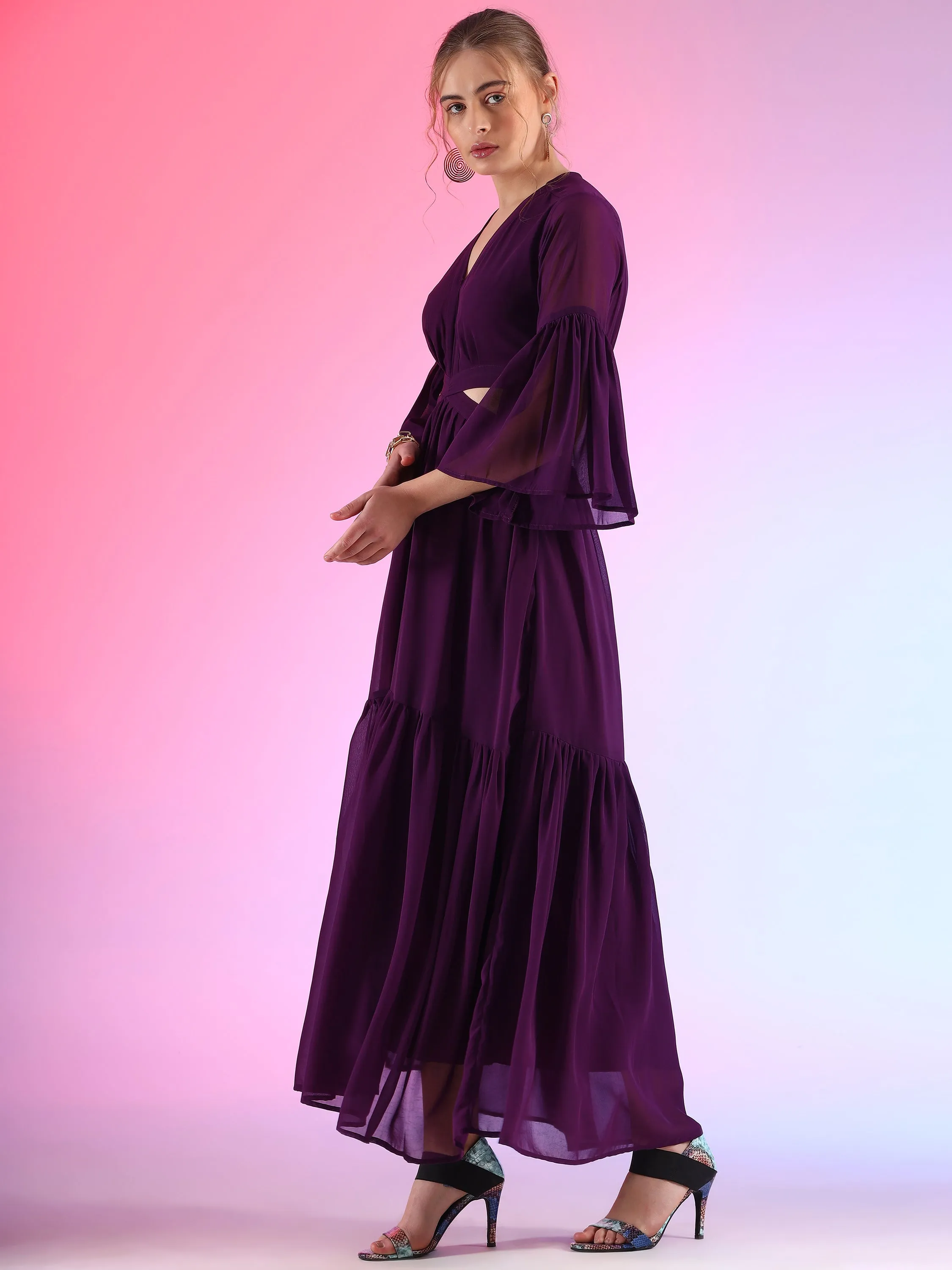 Regal Grape V-Neck Flared Georgette Dress