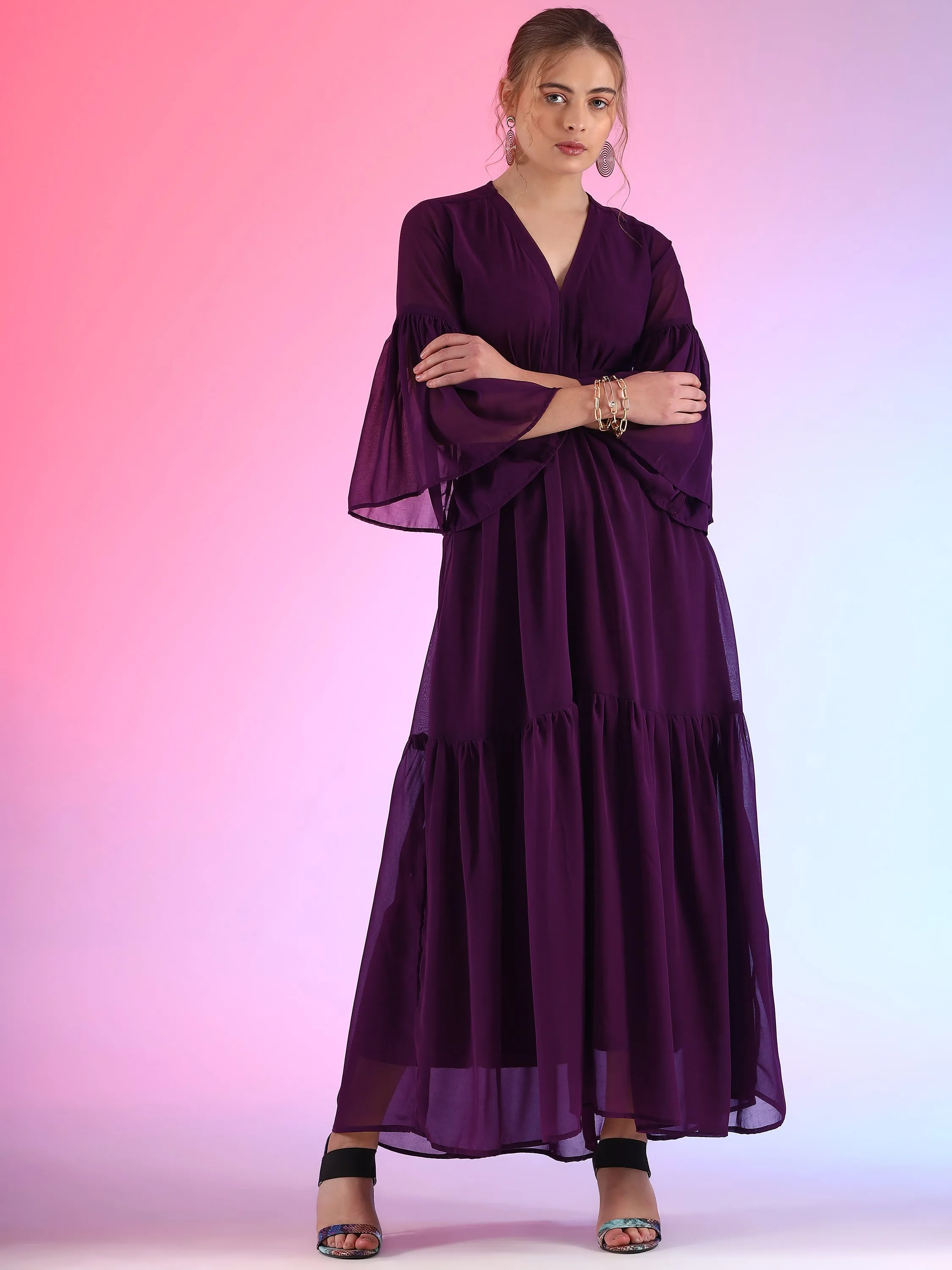 Regal Grape V-Neck Flared Georgette Dress