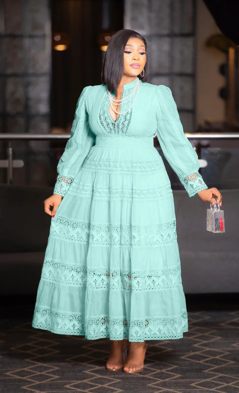 Regal Lace Splendor- Hollow-Out Maxi Dress (New)
