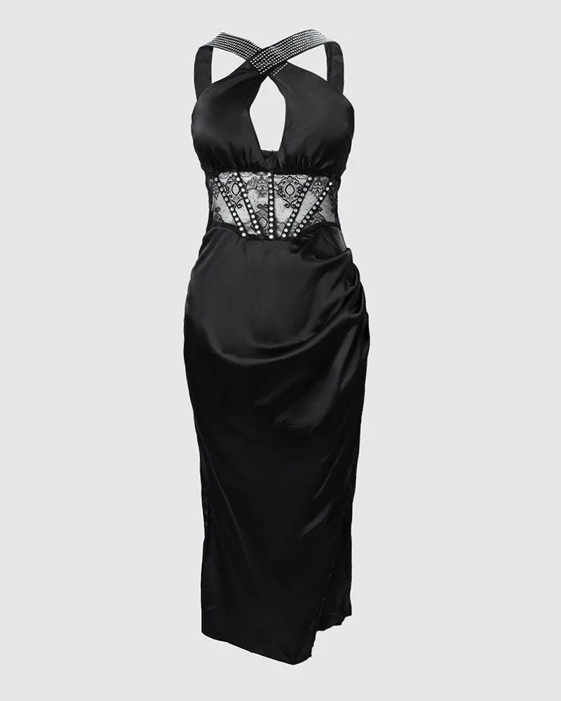 Rhinestone Ruched High Slit Contrast Lace Corset Dress