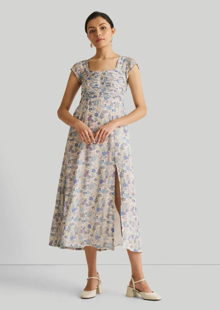 Ruched Dress in Blue Florals