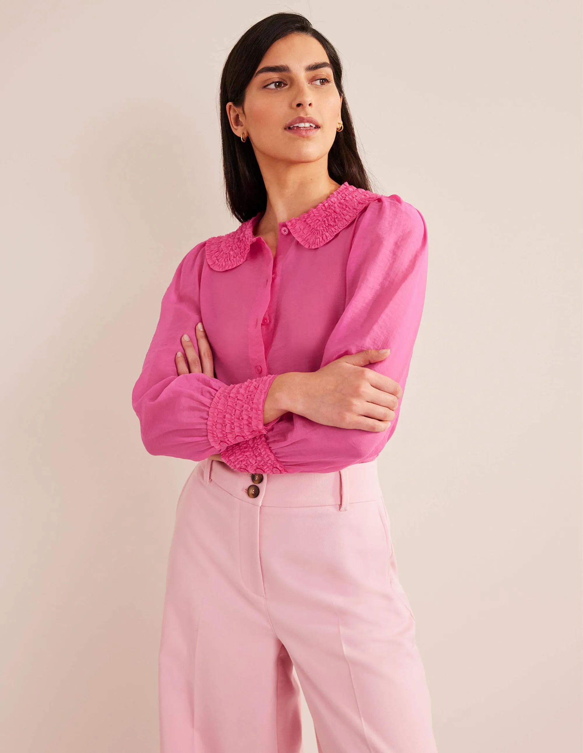 Ruffle Detail Organza Shirt-Shocking Pink