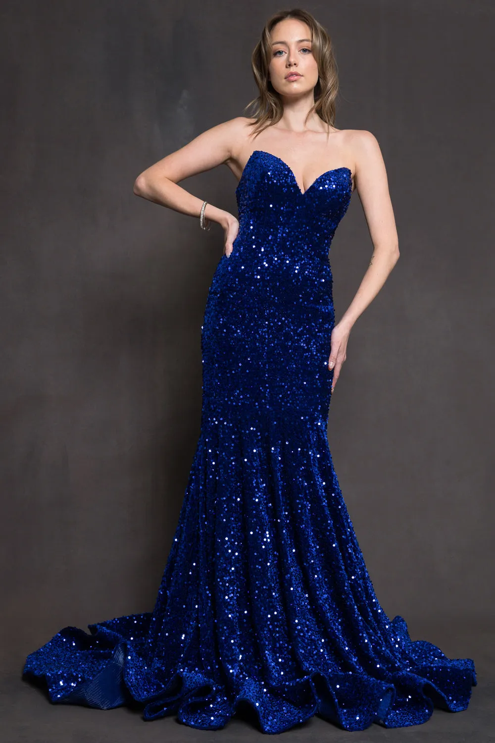 Sequin Embroidered Mermaid Open Back Long Prom Dress