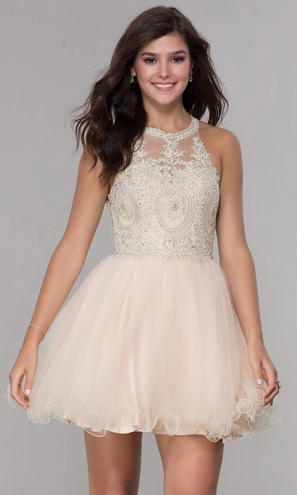 Sheer-Bodice Short Babydoll Homecoming Dress