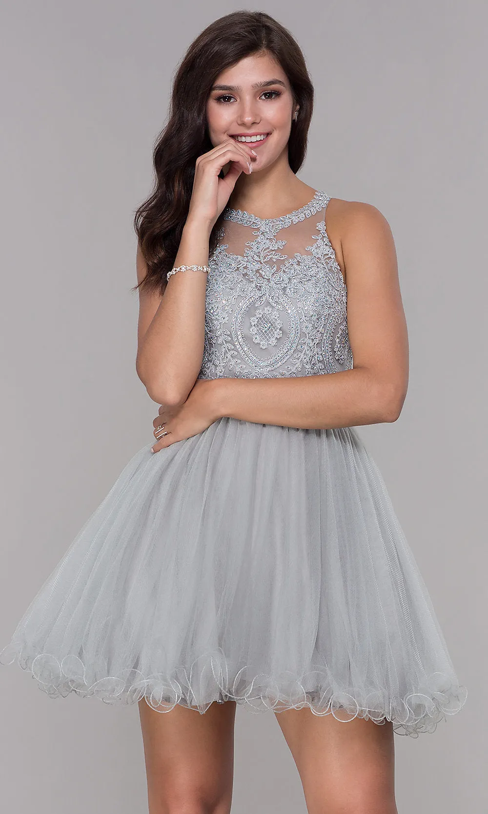 Sheer-Bodice Short Babydoll Homecoming Dress