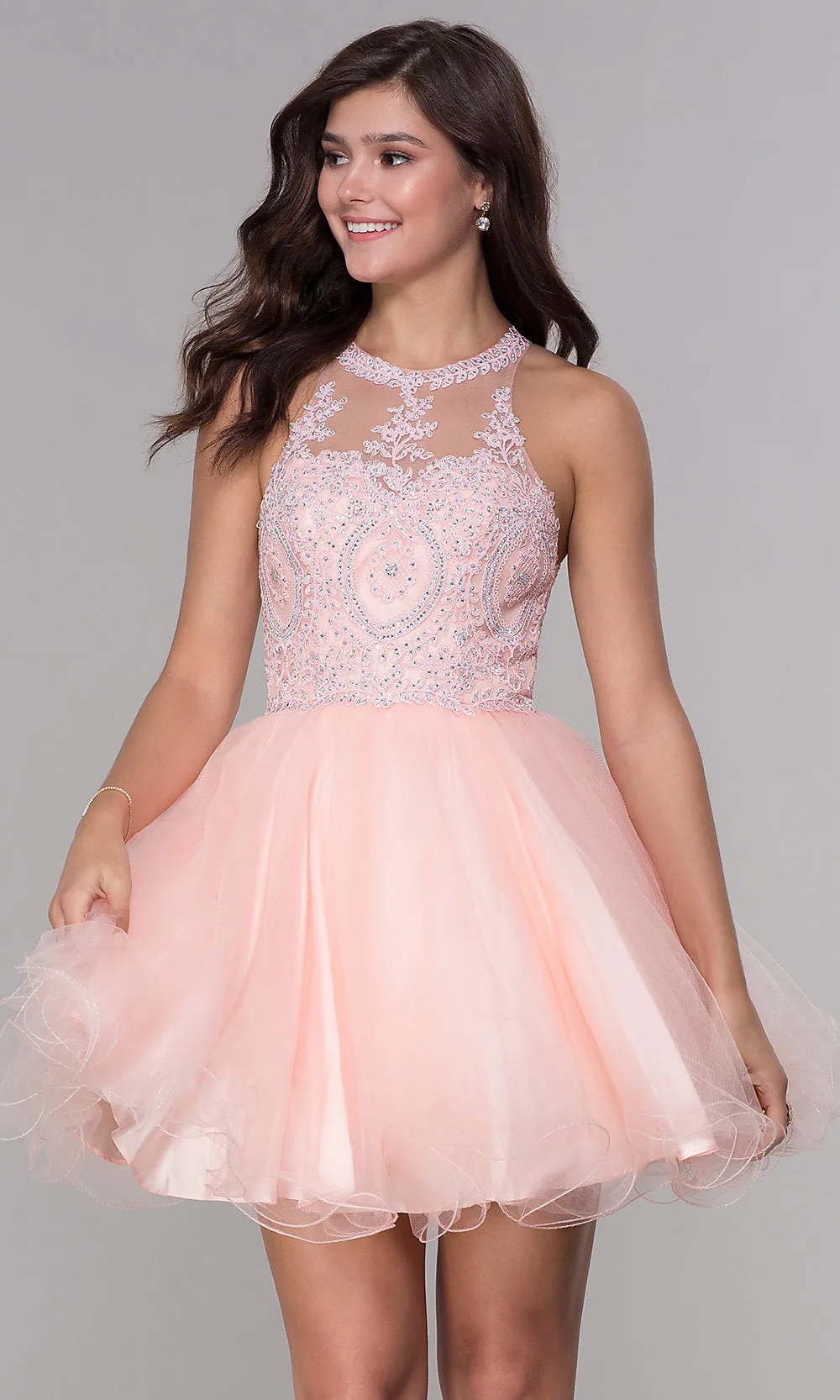 Sheer-Bodice Short Babydoll Homecoming Dress