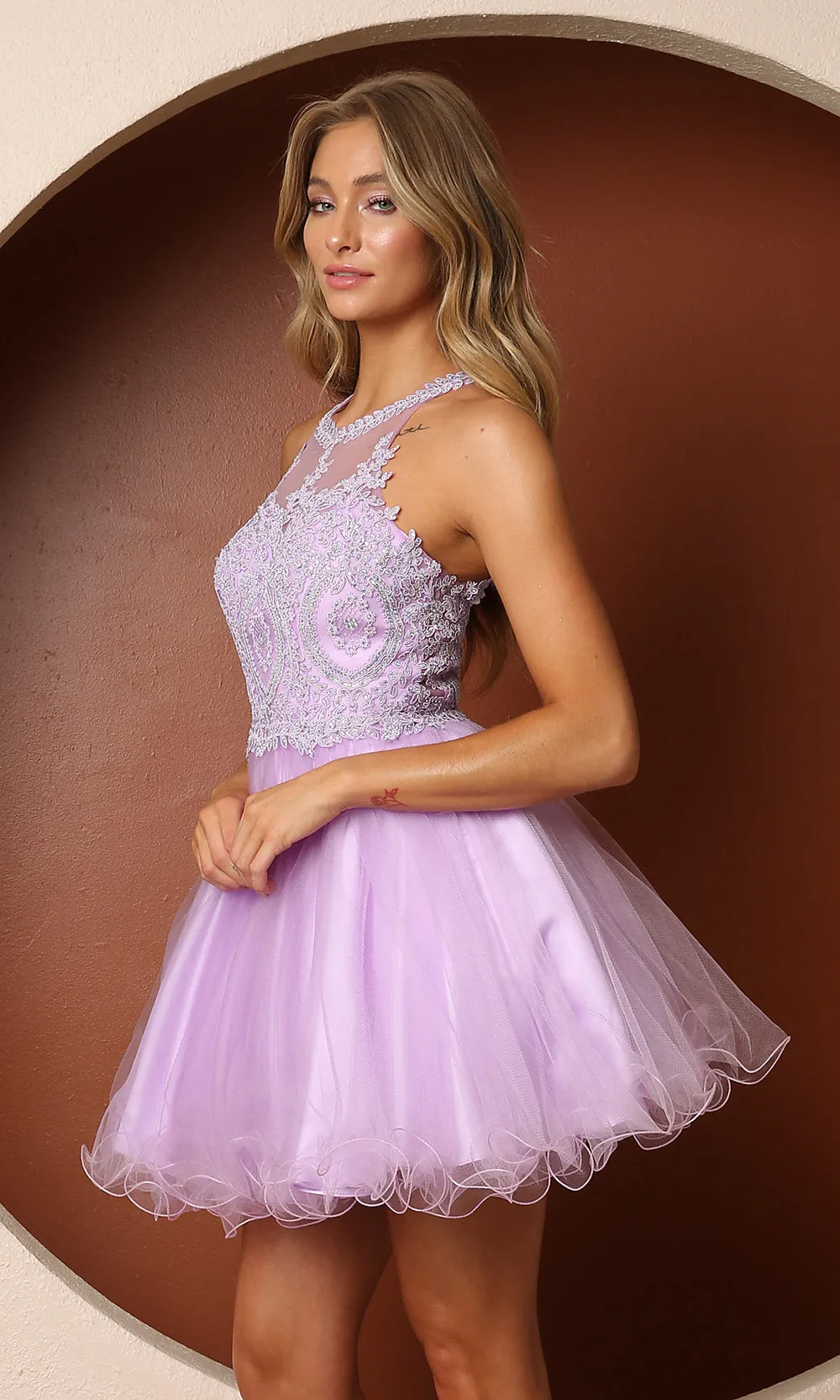 Sheer-Bodice Short Babydoll Homecoming Dress