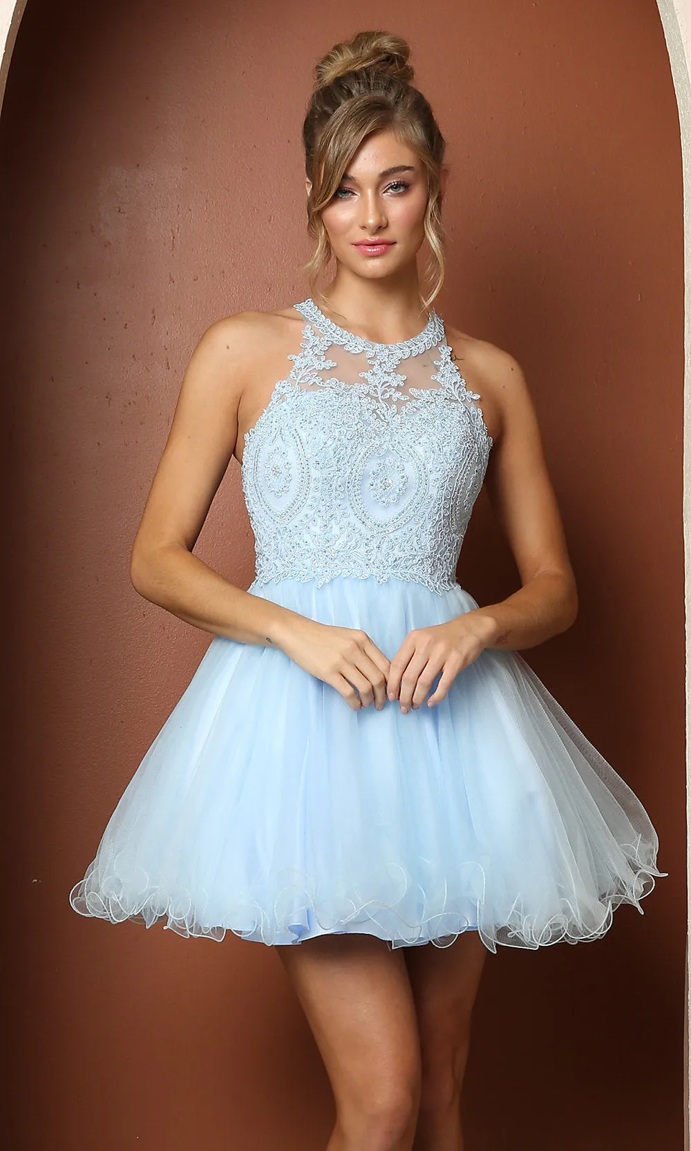 Sheer-Bodice Short Babydoll Homecoming Dress