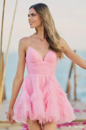 SHERRI HILL - 55818 - Short Ruffle Tulle Dress with Spaghetti Straps