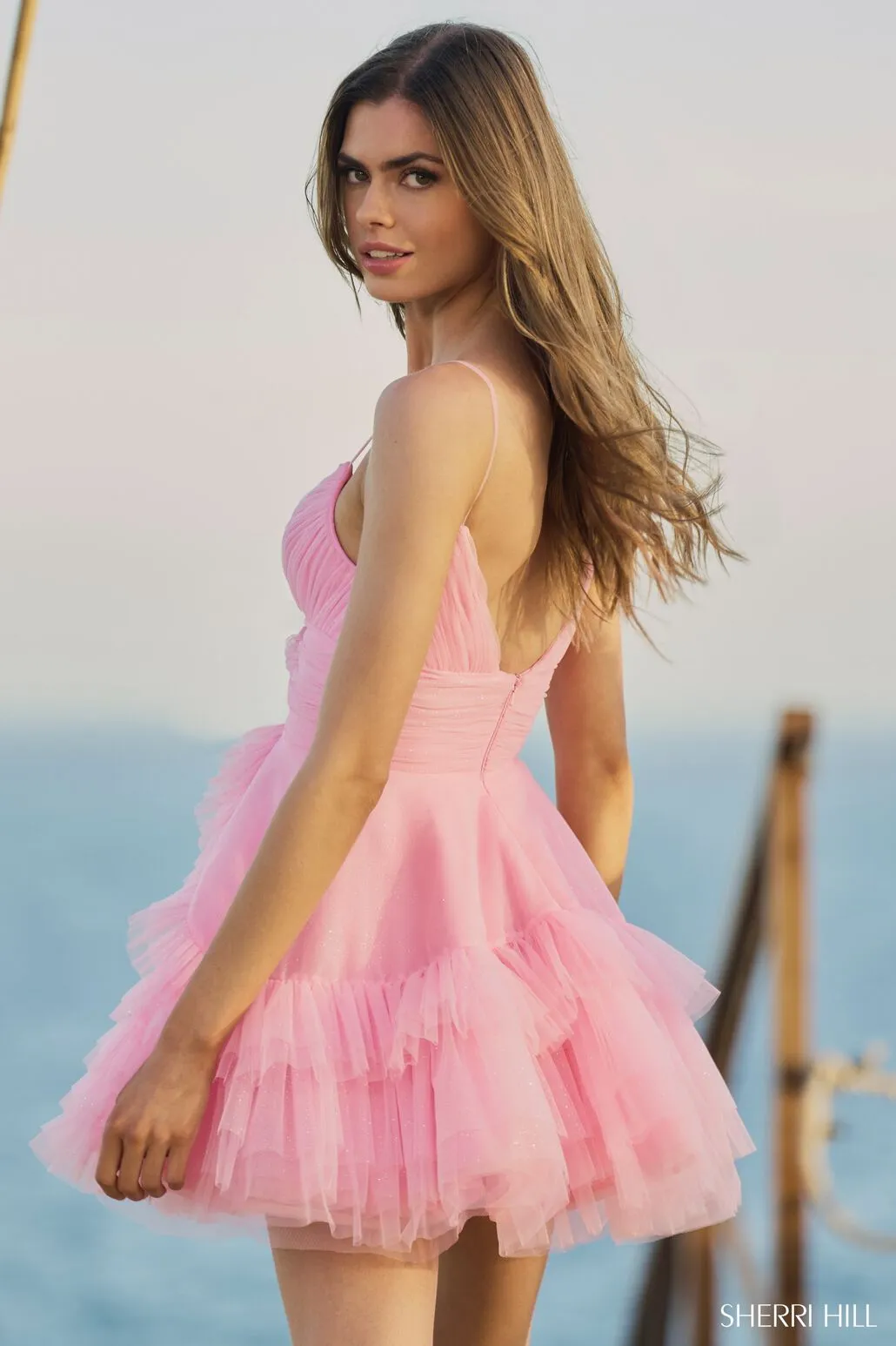 SHERRI HILL - 55818 - Short Ruffle Tulle Dress with Spaghetti Straps