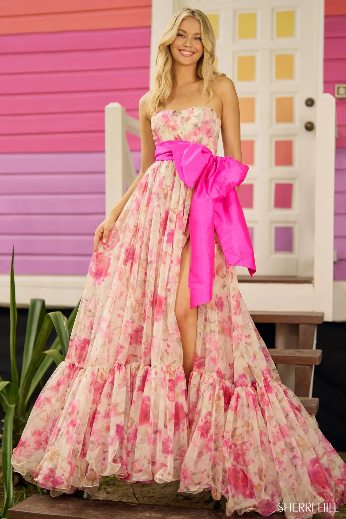 SHERRI HILL - 56110: Elegant Floral Print Ball Gown with Taffeta Bow
