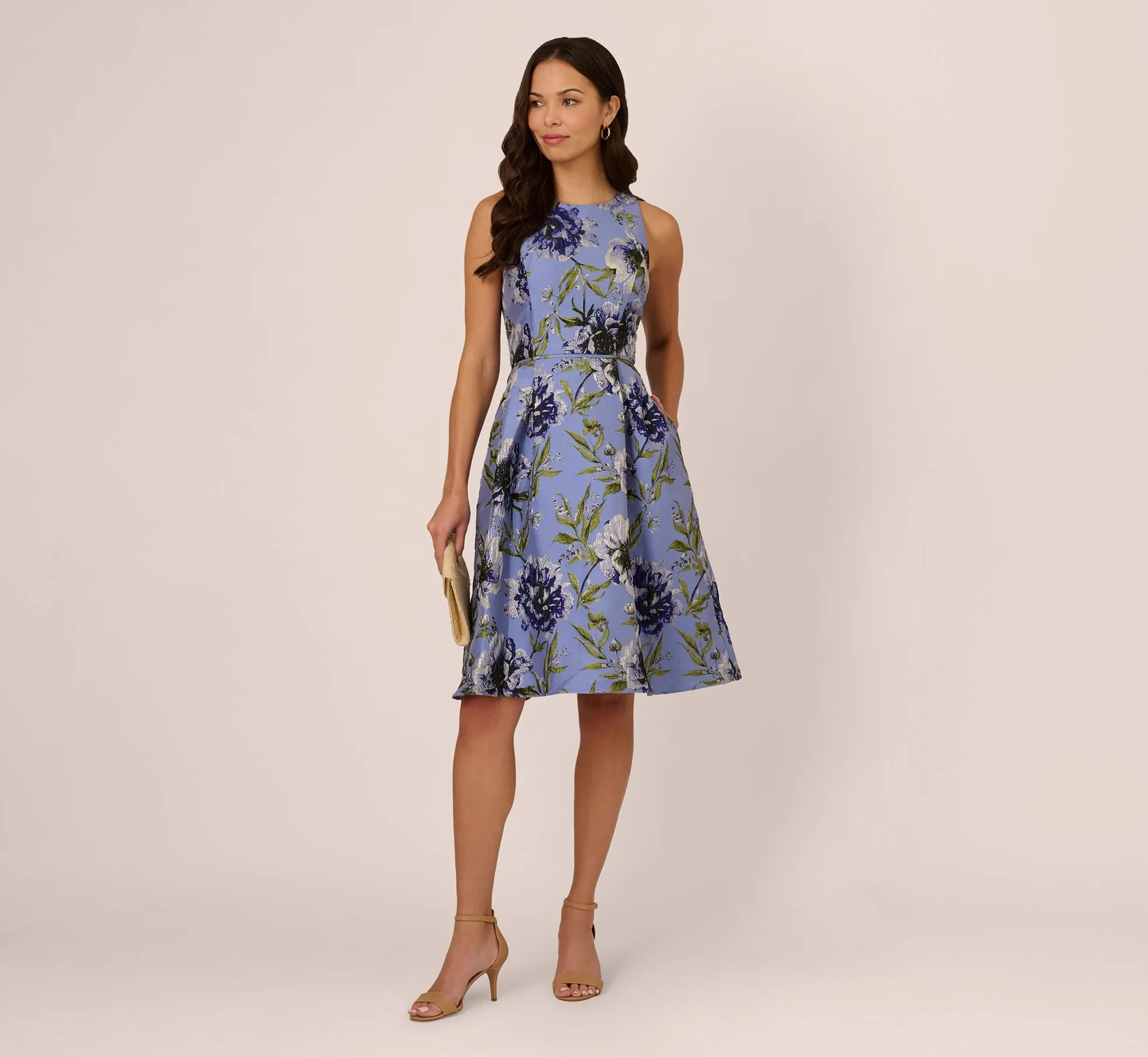 Sleeveless Jacquard Fit And Flare Midi Dress In Blue Multi