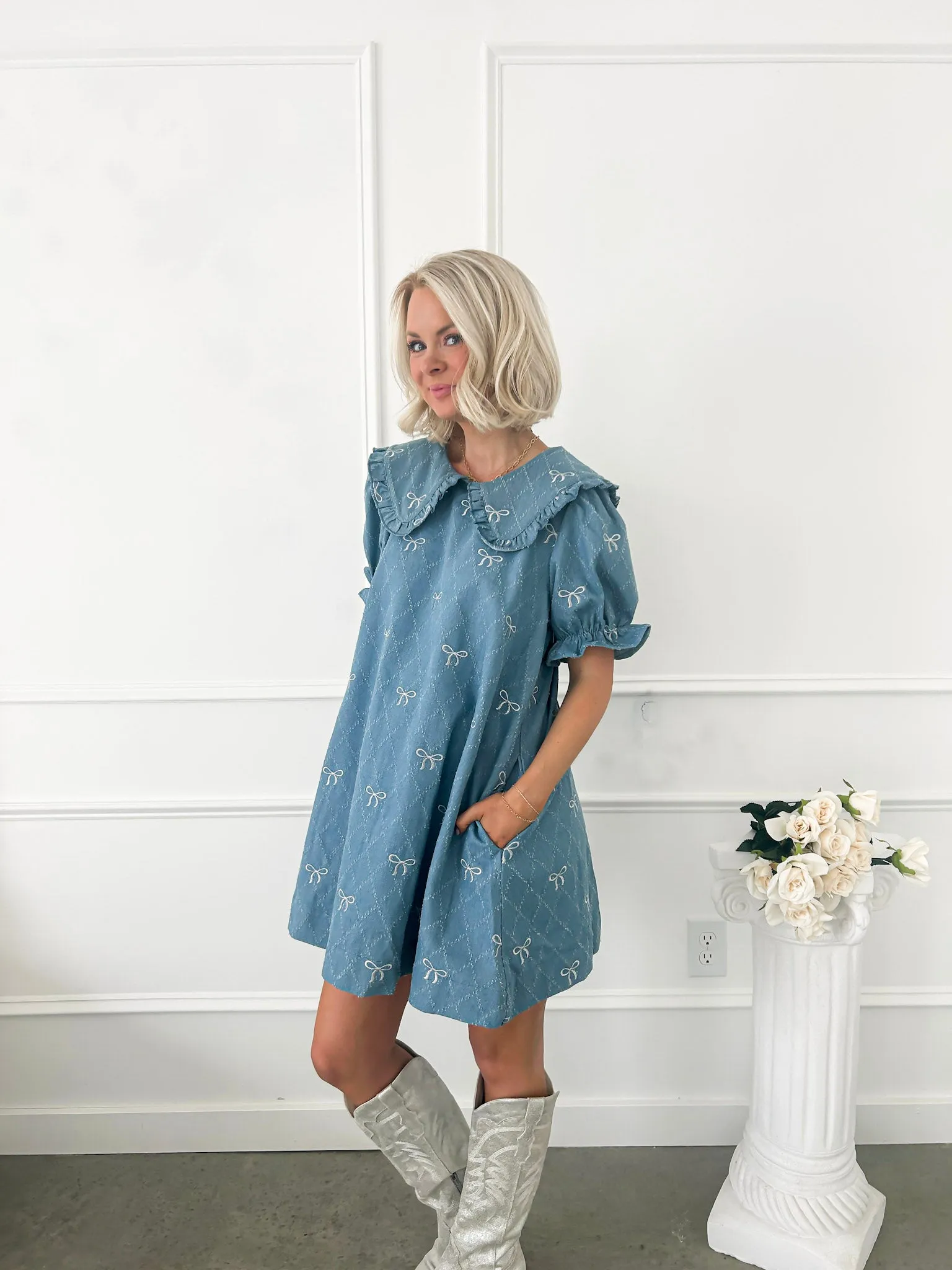 Soft Spoken Denim Bow Mini Dress