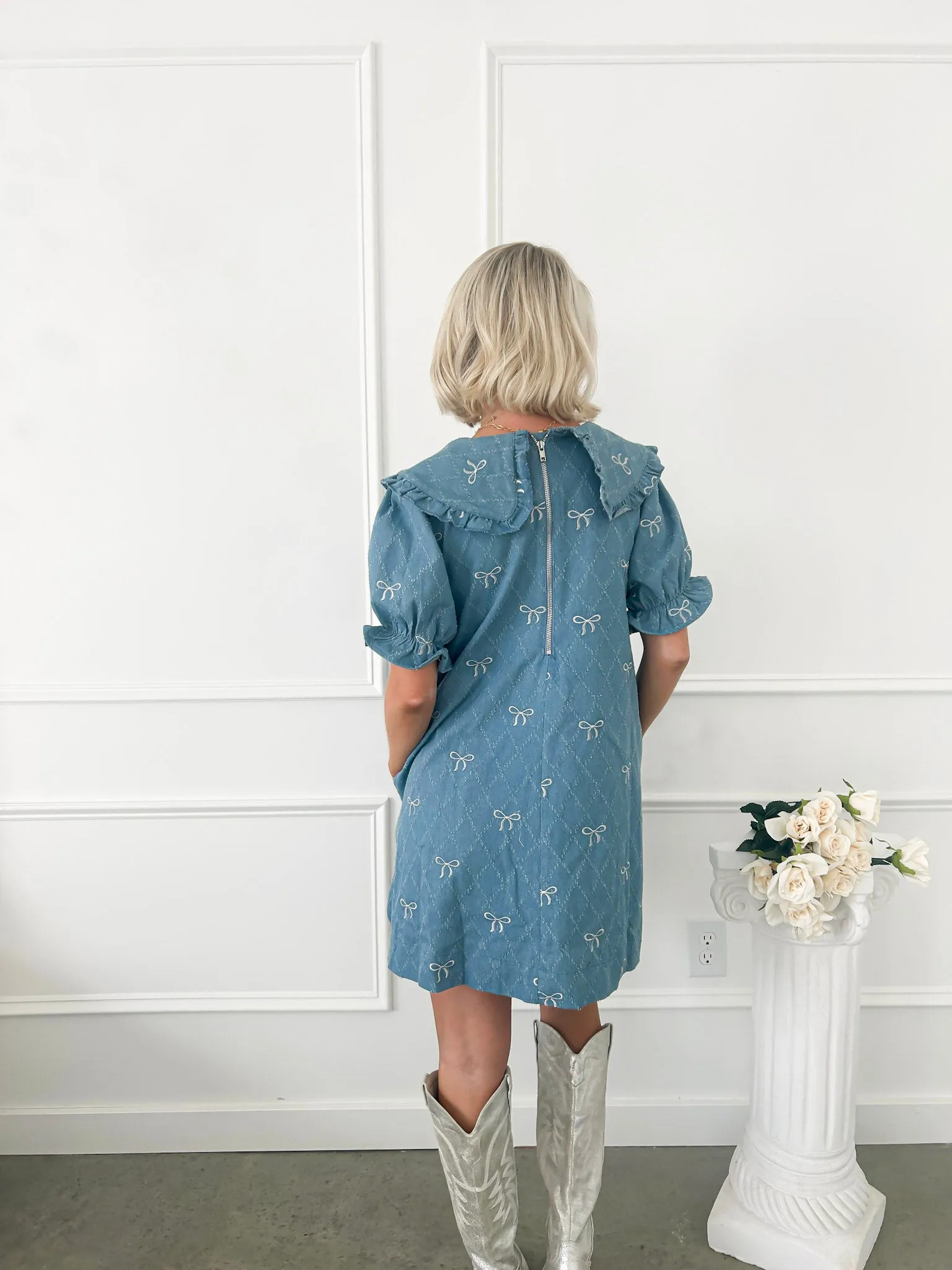 Soft Spoken Denim Bow Mini Dress