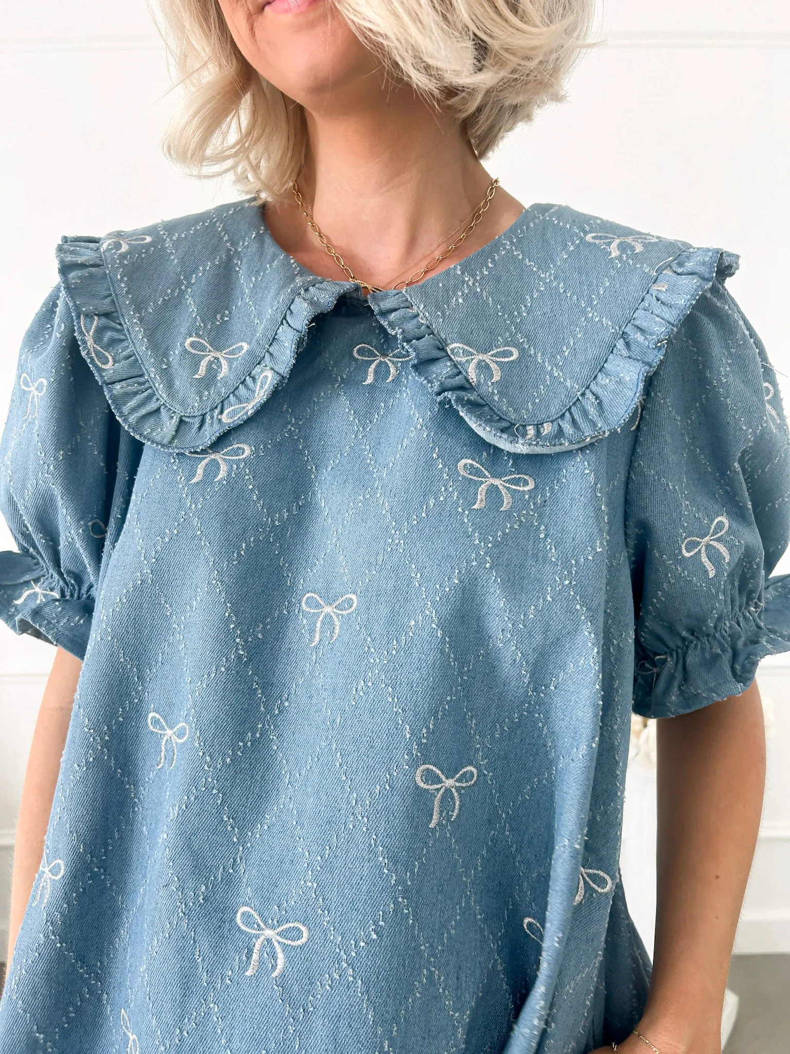 Soft Spoken Denim Bow Mini Dress