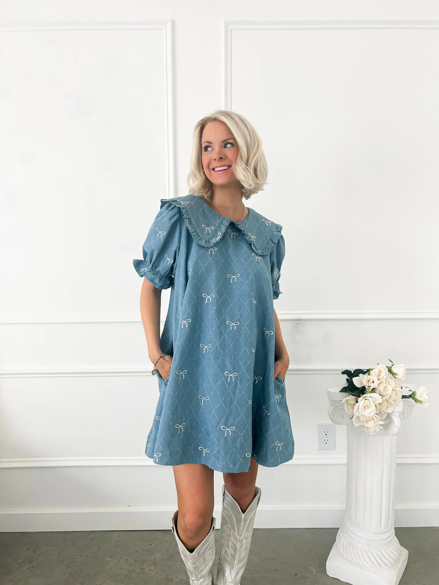 Soft Spoken Denim Bow Mini Dress
