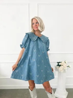 Soft Spoken Denim Bow Mini Dress