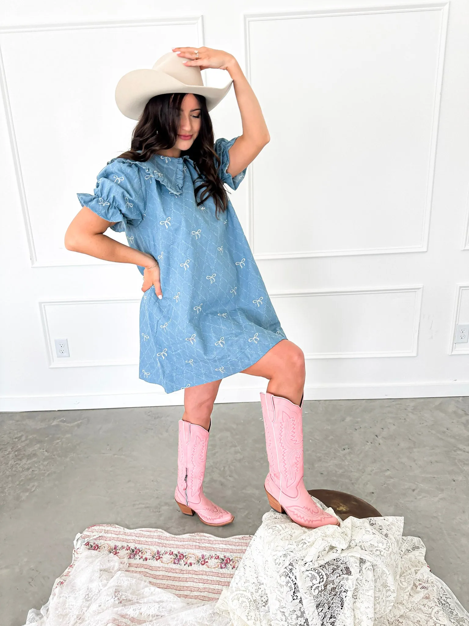 Soft Spoken Denim Bow Mini Dress