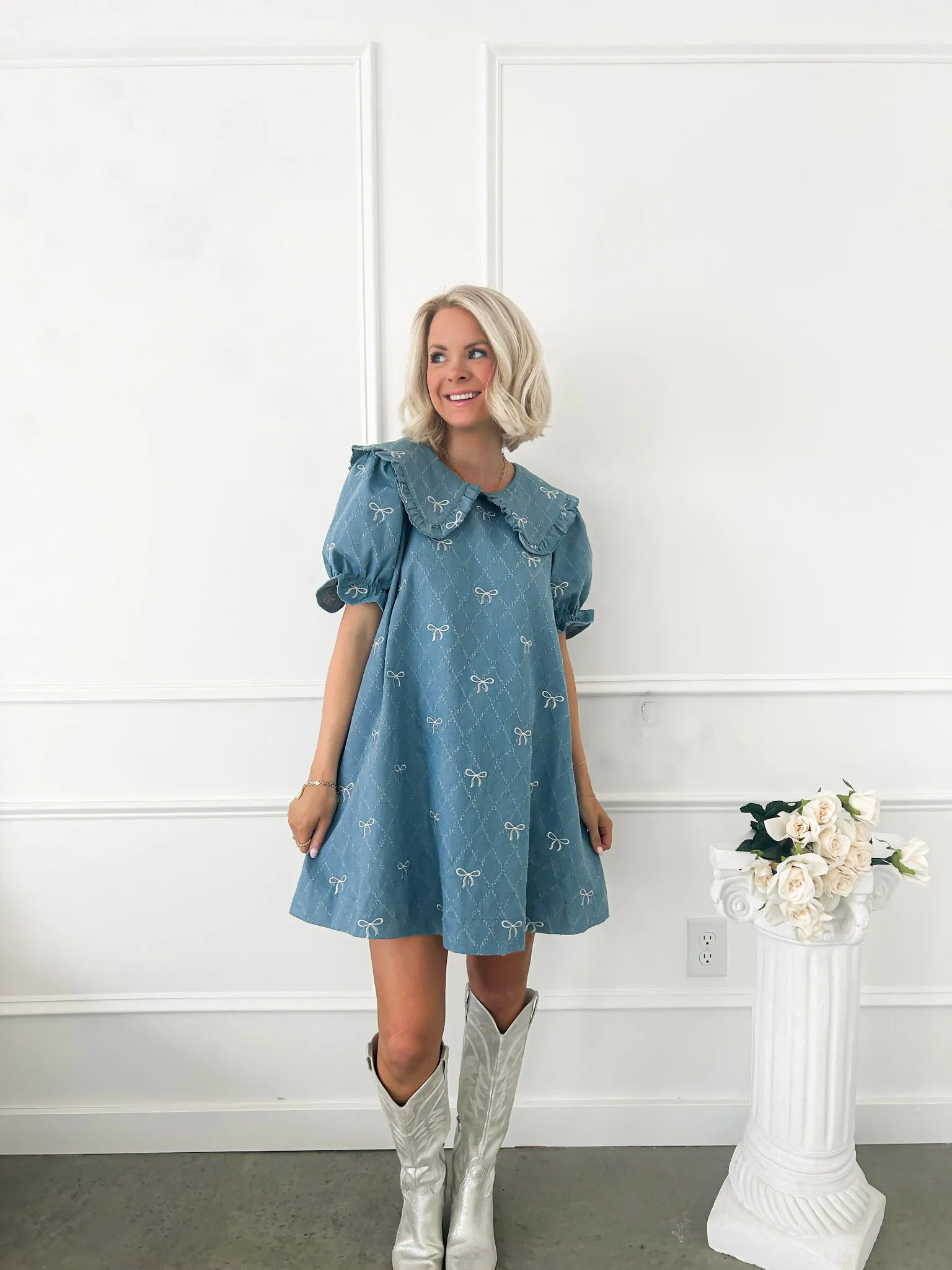Soft Spoken Denim Bow Mini Dress