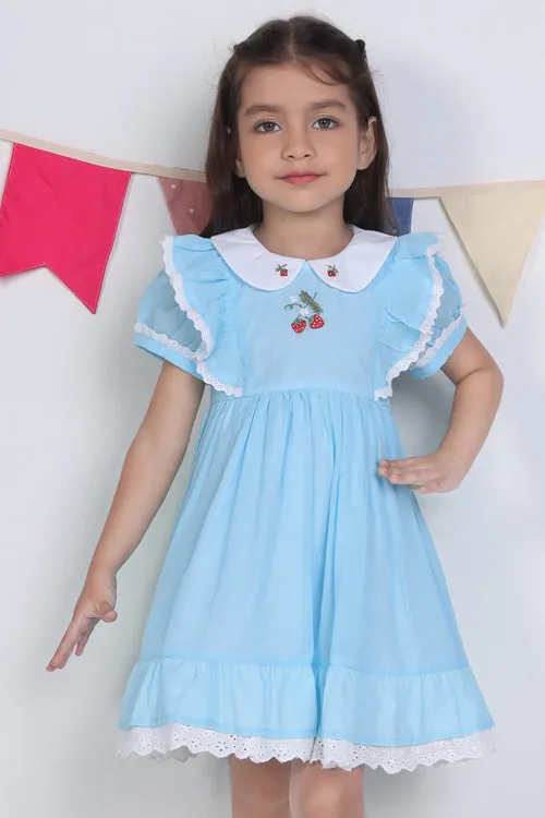 Soleilclo "Blue Embroidered Cotton Puffed Sleeves Dress"