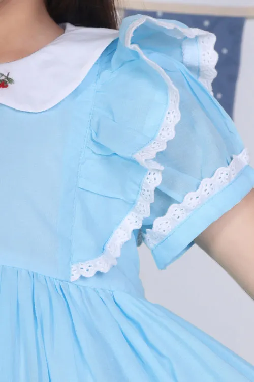 Soleilclo "Blue Embroidered Cotton Puffed Sleeves Dress"