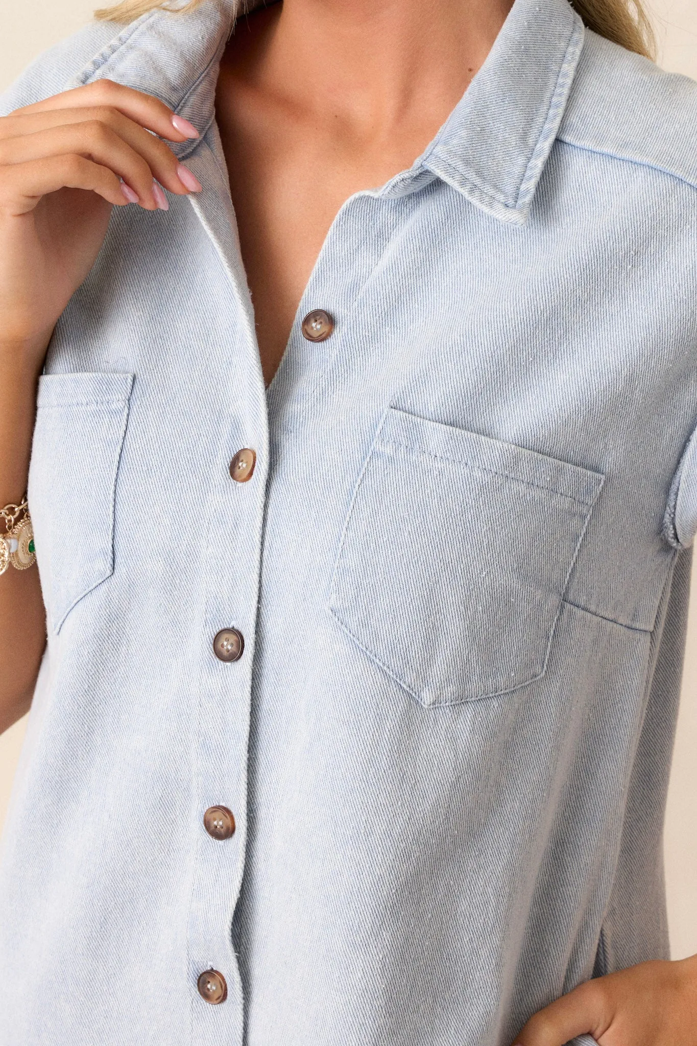 Stop & Stare Light Denim Button Front Mini Dress