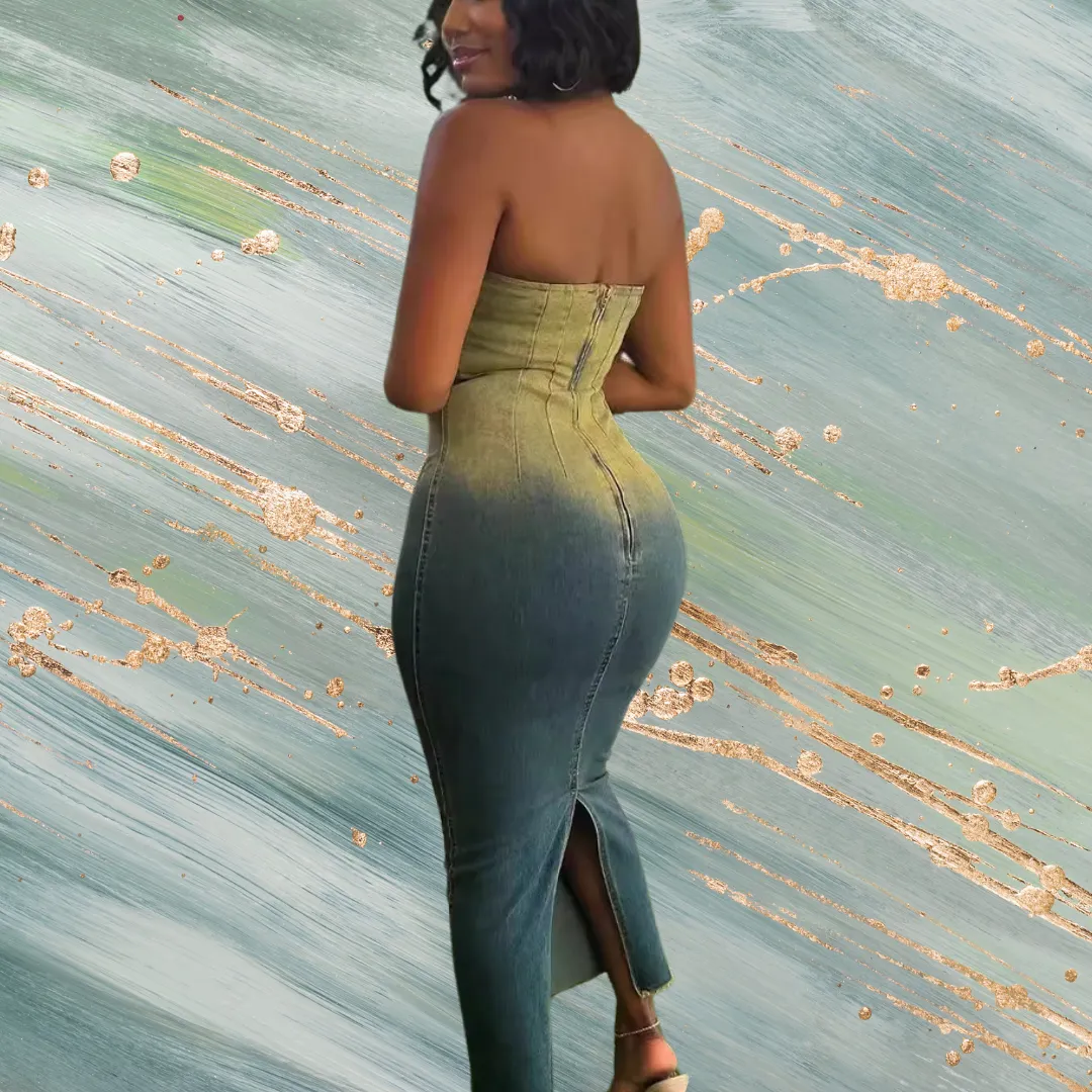 Strapless Back Zip Up Bandeau Denim Maxi Dress