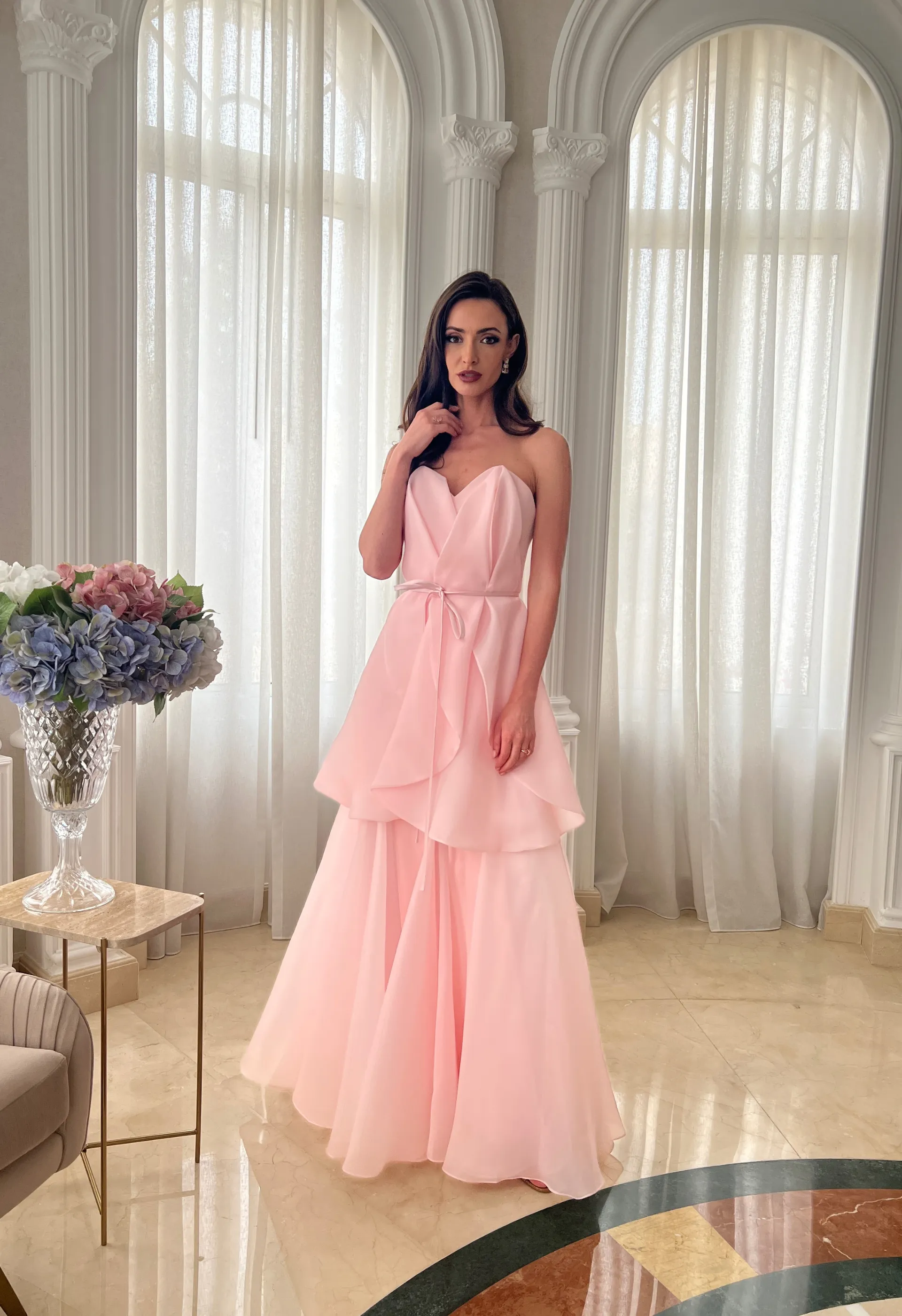 Strapless organza and crepe ballgown