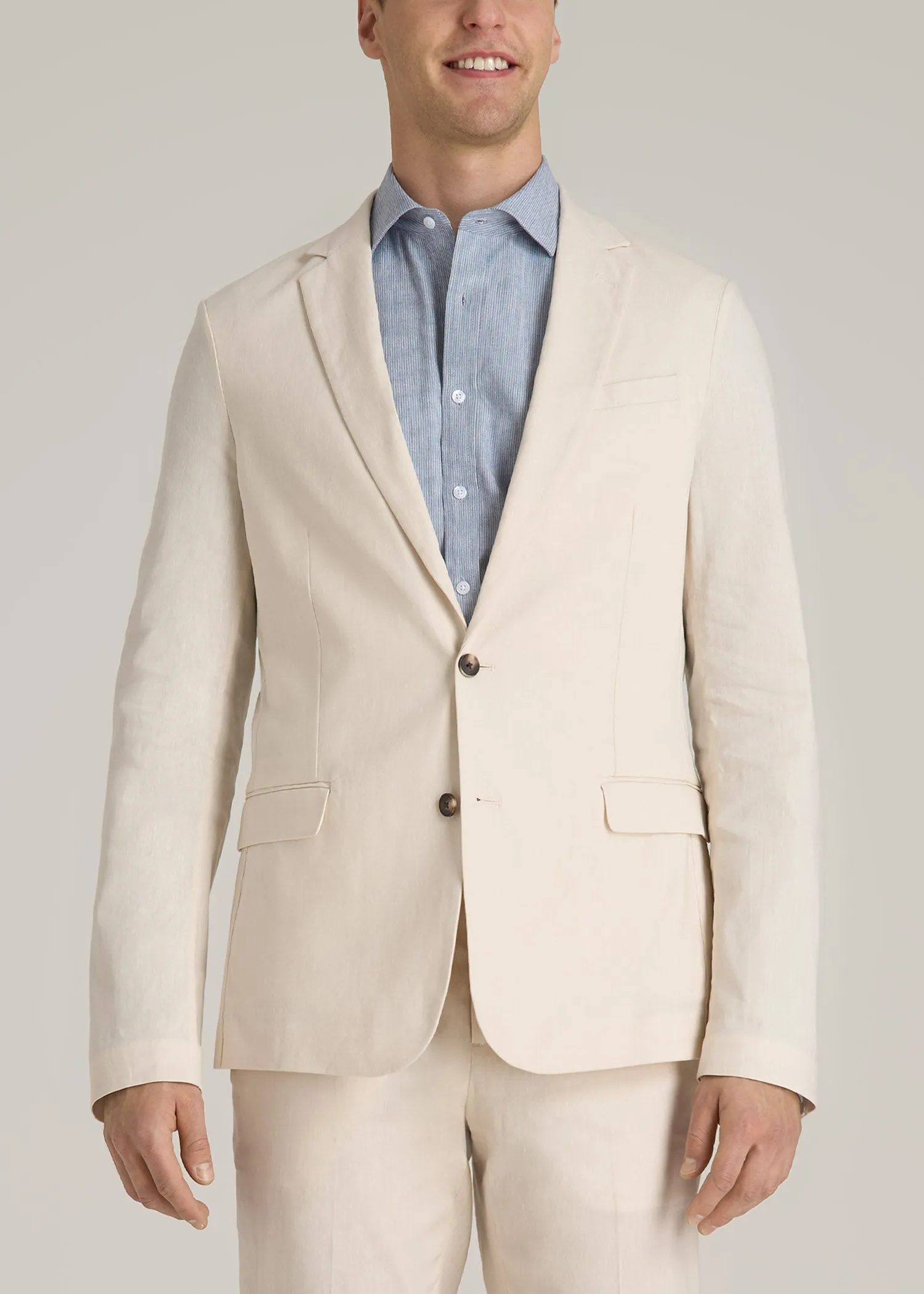 Stretch Linen Blazer for Tall Men in Light Beige Linen