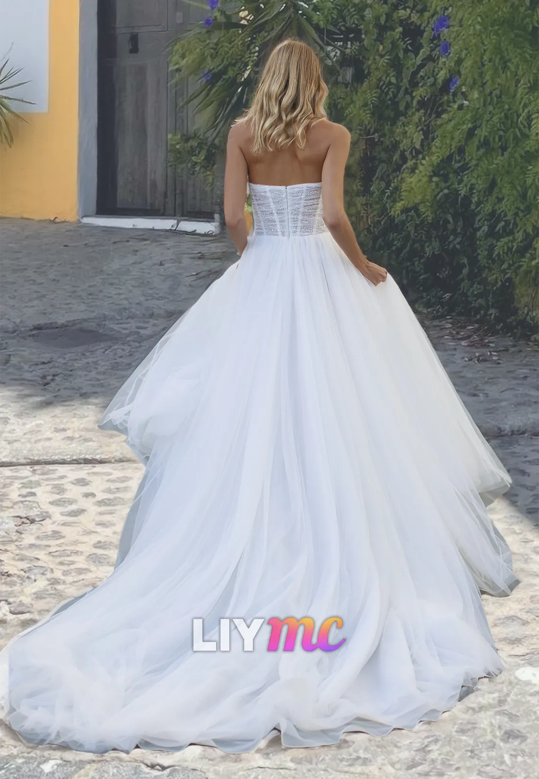Sweetheart Strapless Sleeveless Pleated Tulle A-Line Ball Gown Wedding Dress