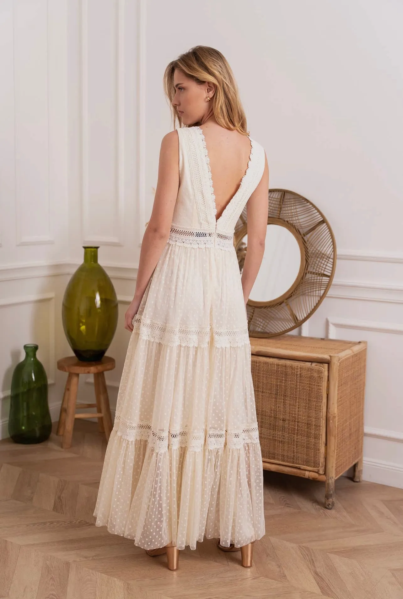 Swiss Dot Tulle V-Neck Dress