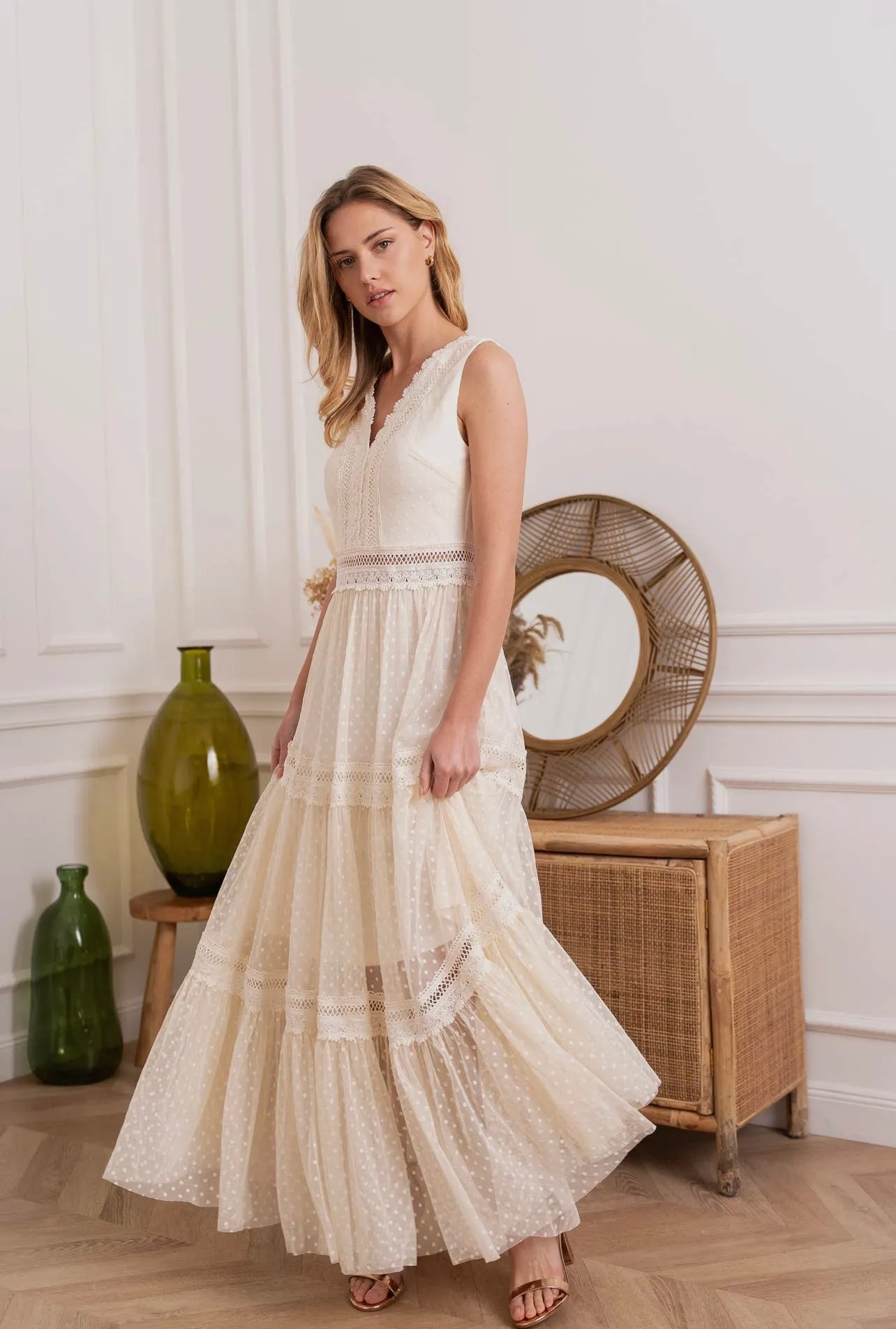 Swiss Dot Tulle V-Neck Dress