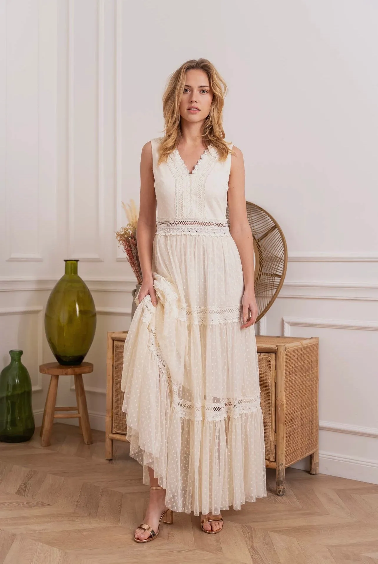 Swiss Dot Tulle V-Neck Dress