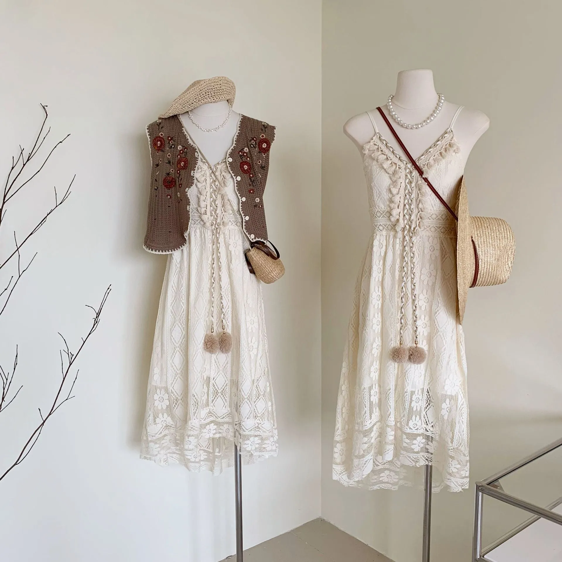 TastyHottie - White Lace Insert Tassel Detail Cami Dress