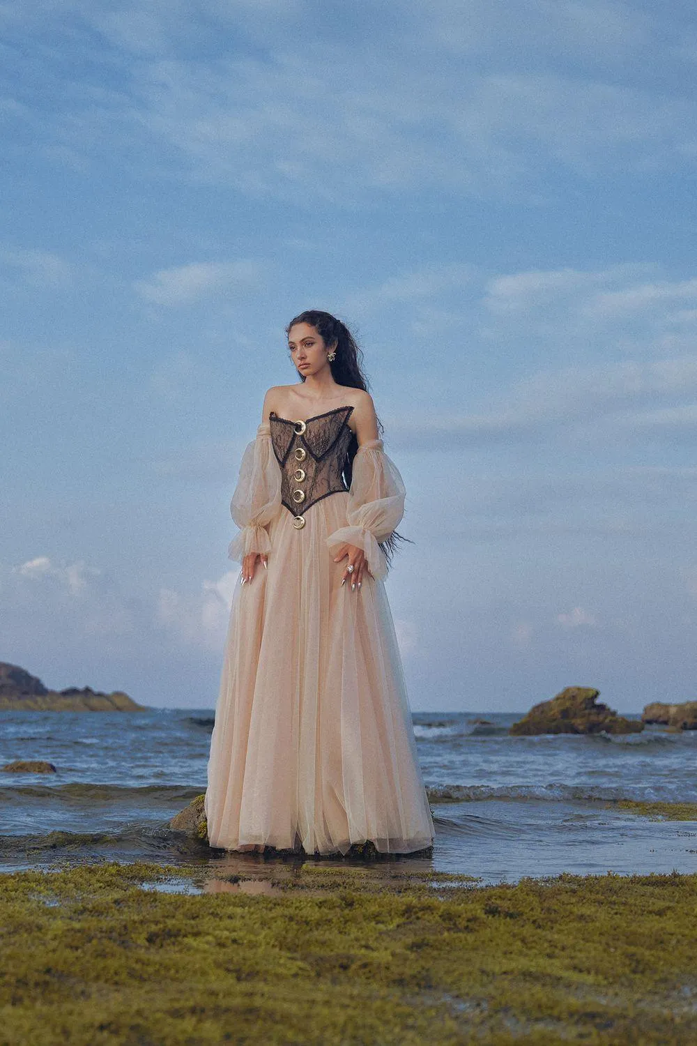 The Moon Ball Gown Corset Waist Mesh Lace Floor Length Dress