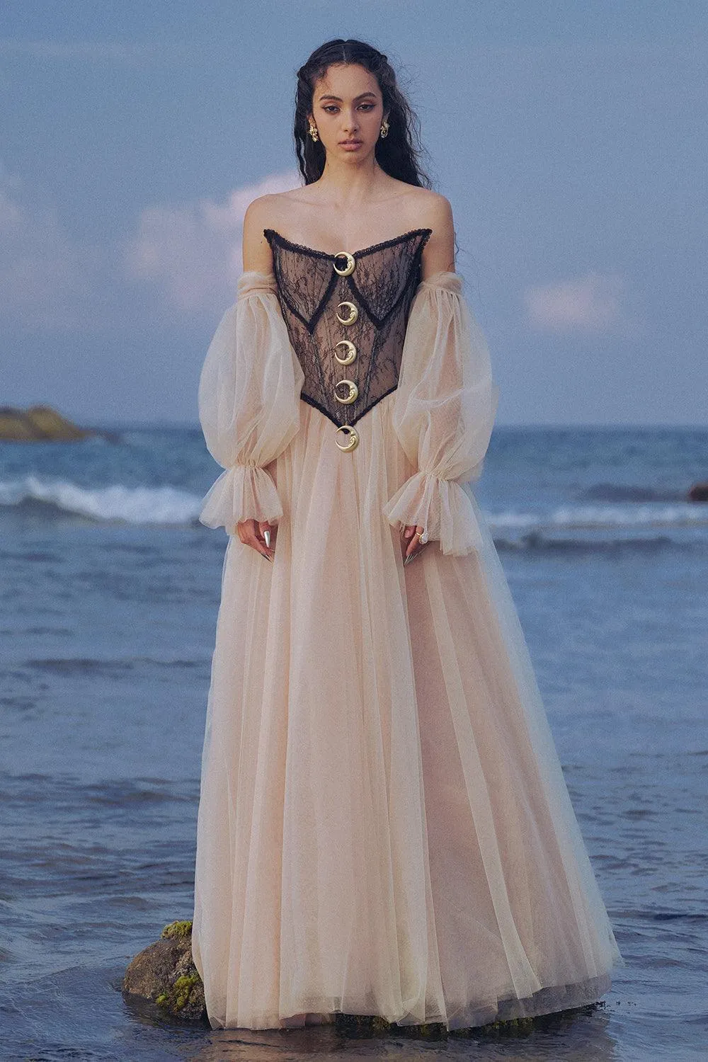 The Moon Ball Gown Corset Waist Mesh Lace Floor Length Dress