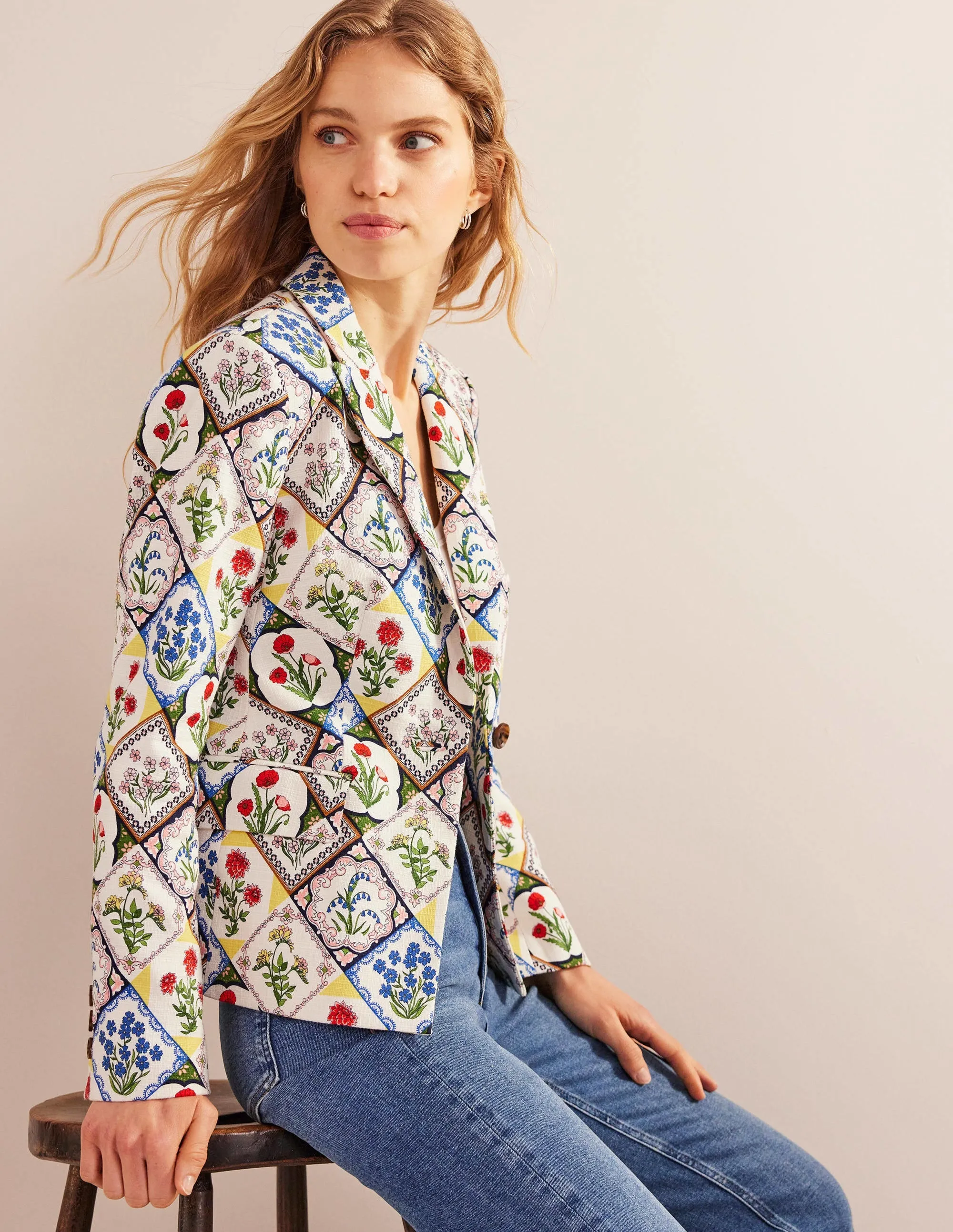 The Somerset Cotton Blazer-Ivory, Wild Bluebell
