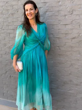 Turquoise Goddess Puff Sleeve V-Neck Silk Dress