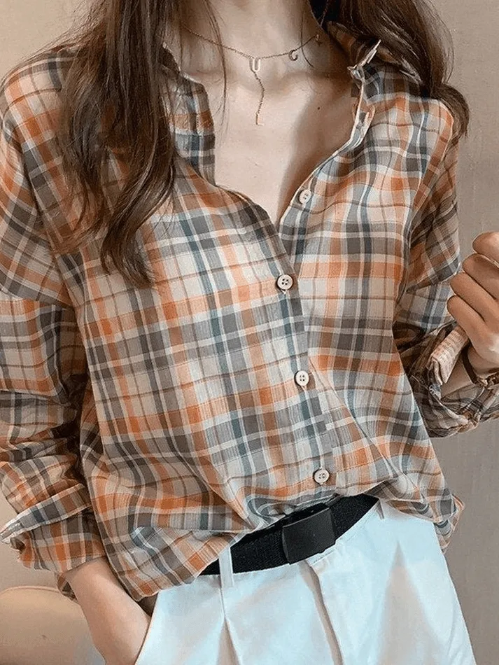 Uniwim ootd Vintage Checkered Long Sleeve Button Blouse