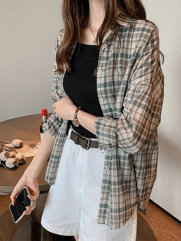 Uniwim ootd Vintage Checkered Long Sleeve Button Blouse