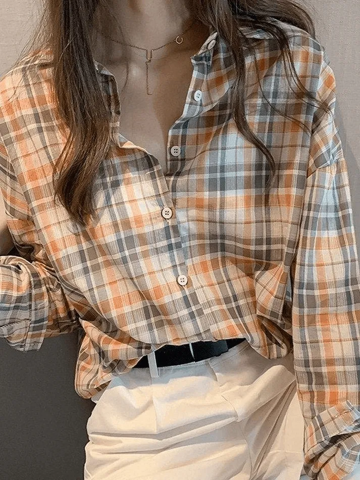 Uniwim ootd Vintage Checkered Long Sleeve Button Blouse