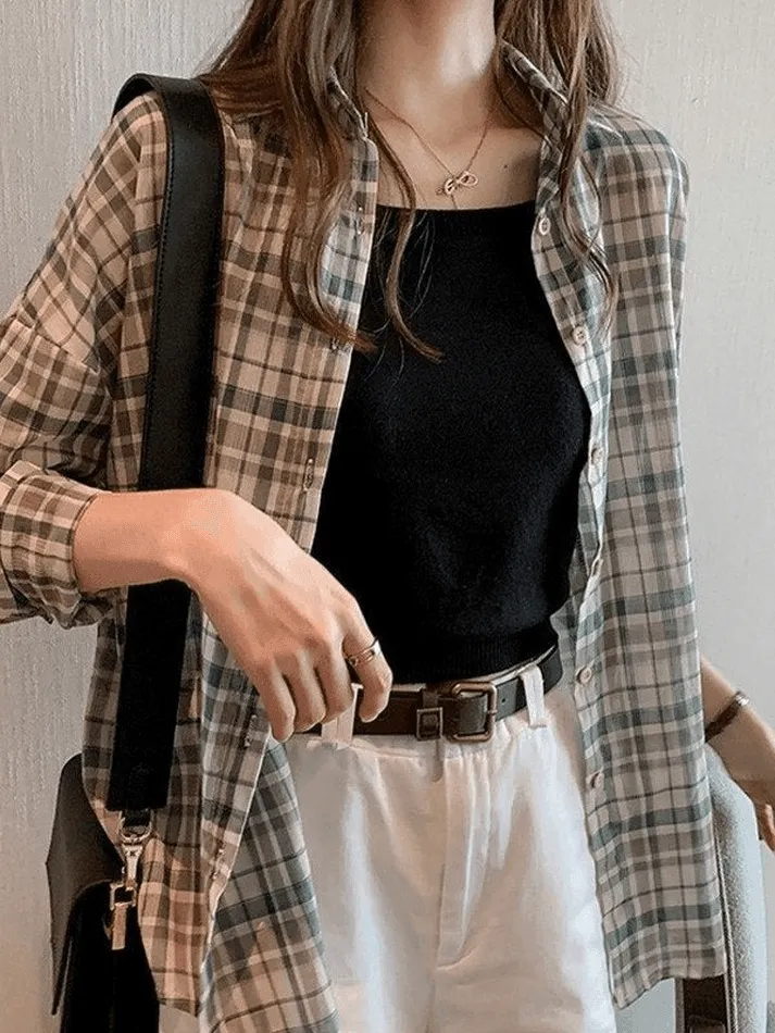 Uniwim ootd Vintage Checkered Long Sleeve Button Blouse