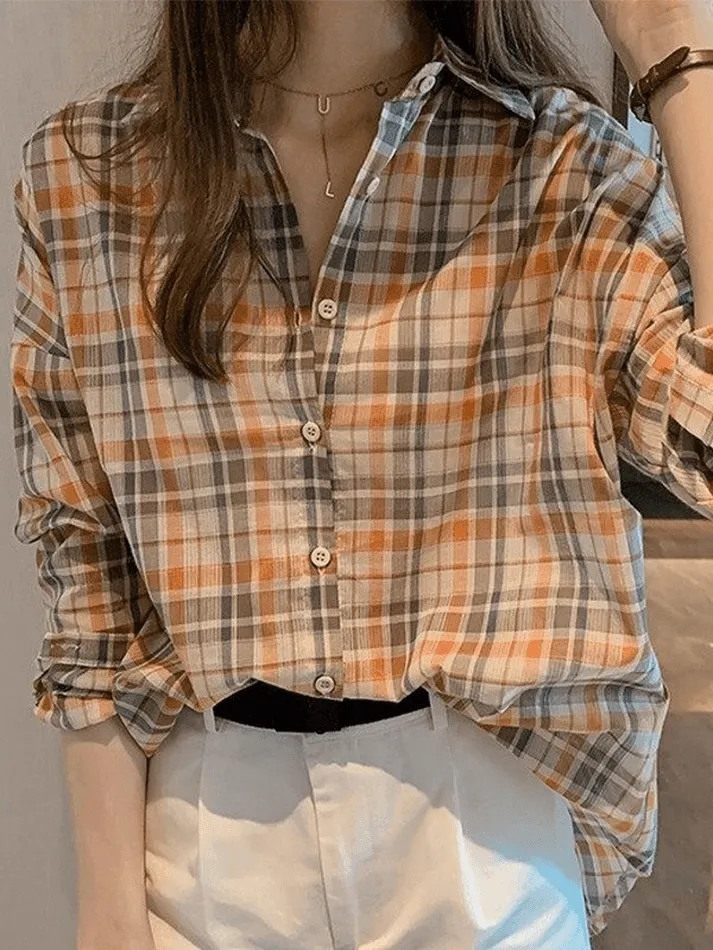Uniwim ootd Vintage Checkered Long Sleeve Button Blouse