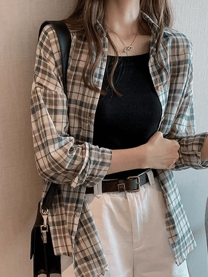 Uniwim ootd Vintage Checkered Long Sleeve Button Blouse