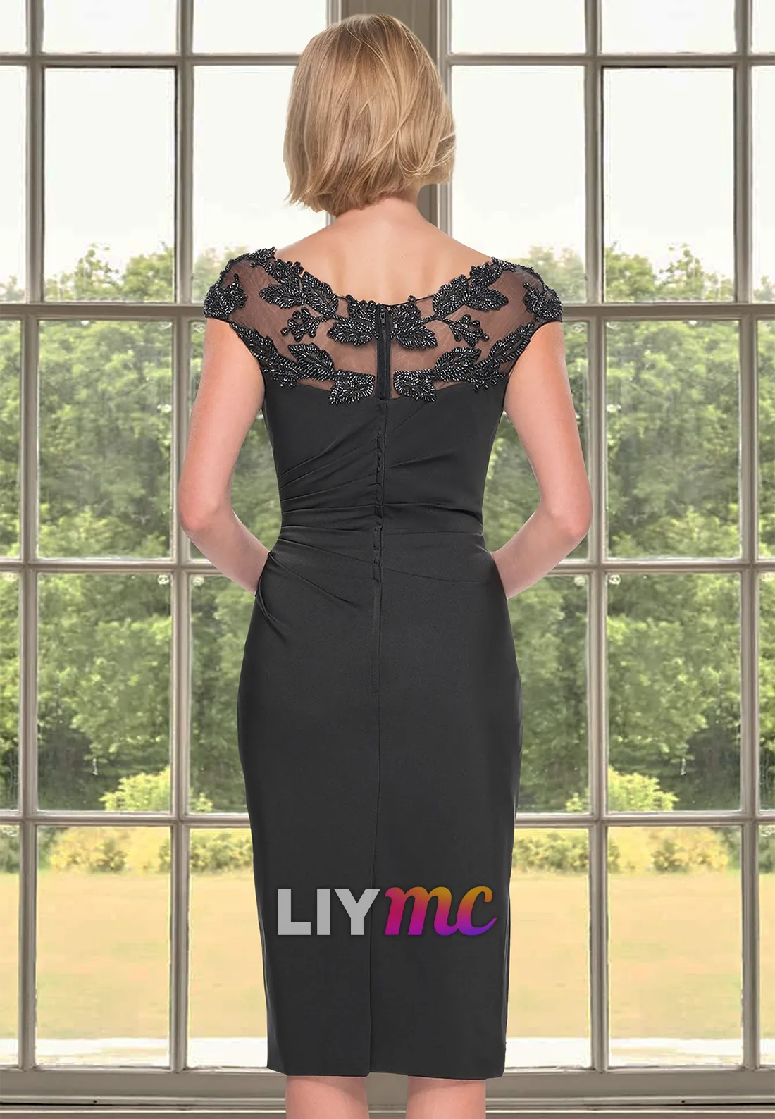 V-Neck Cap Sleeves Pleated Appliques Sheath Mother of Bride Dress