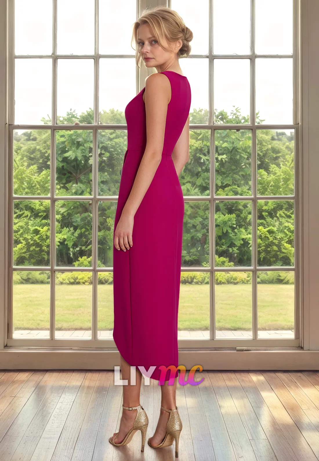 V-Neck Sleeveless Ruched Sheath Mother of Bride Dress Cocktail Dress
